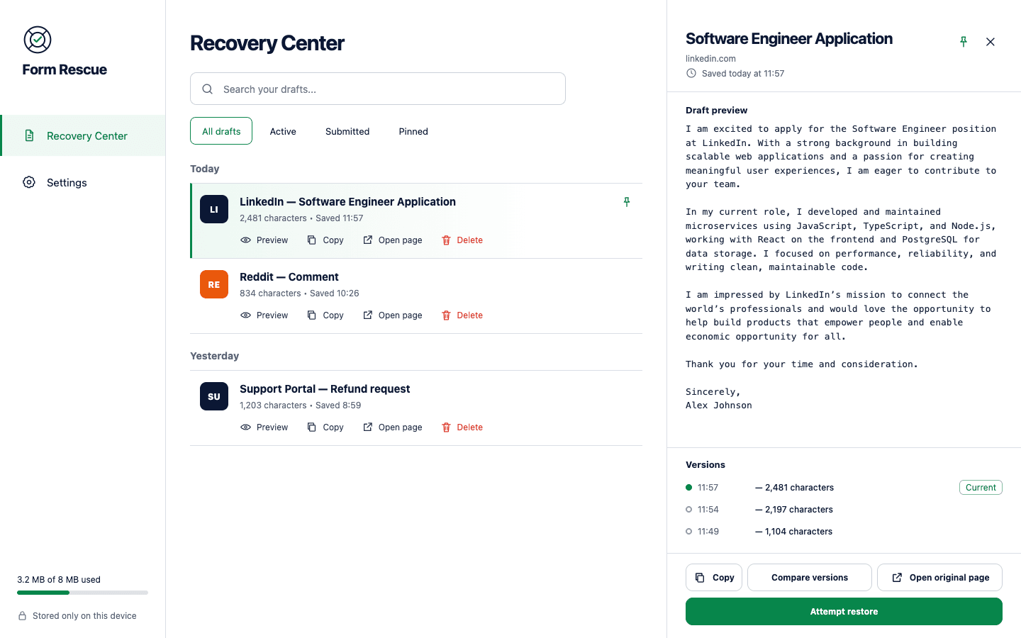 Recovery Center with local draft history, preview, versions, and restore controls