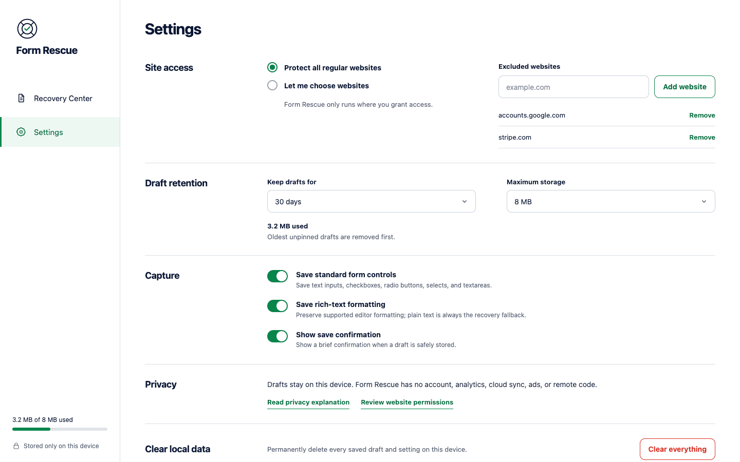 Form Rescue settings showing site access, retention, capture, vault, and privacy controls
