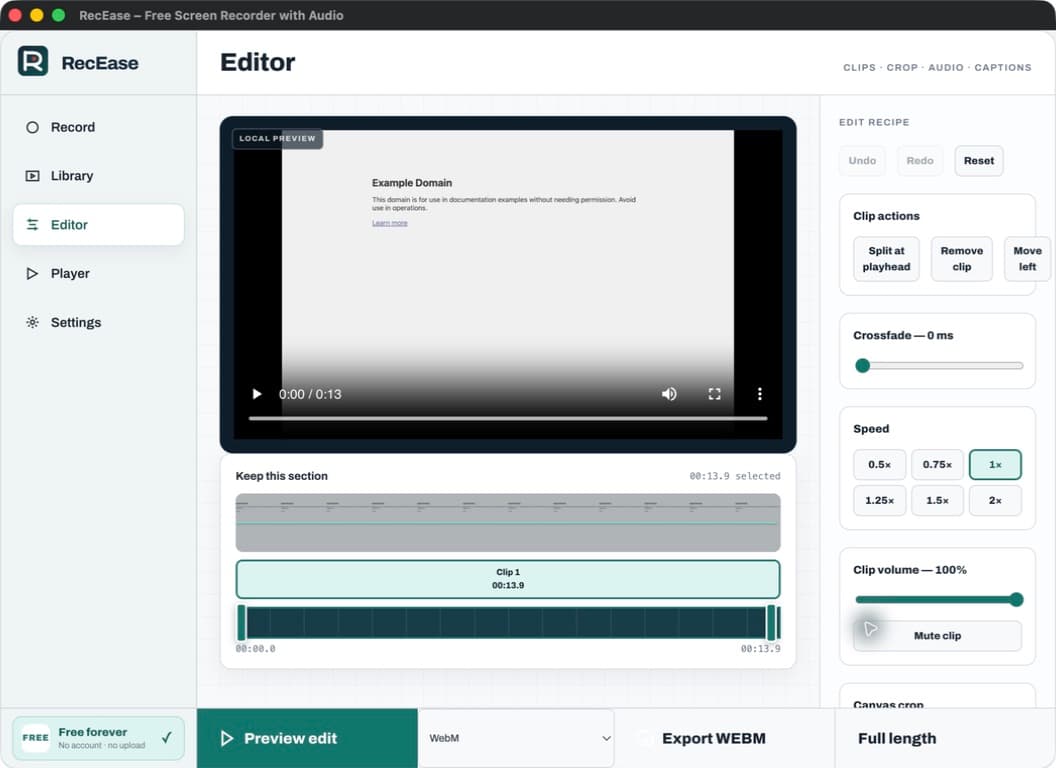 RecEase 2.0 local video editor with timeline