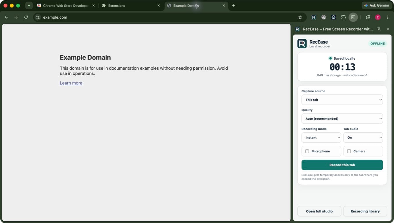 RecEase 2.0 recorder side panel beside a Chrome tab